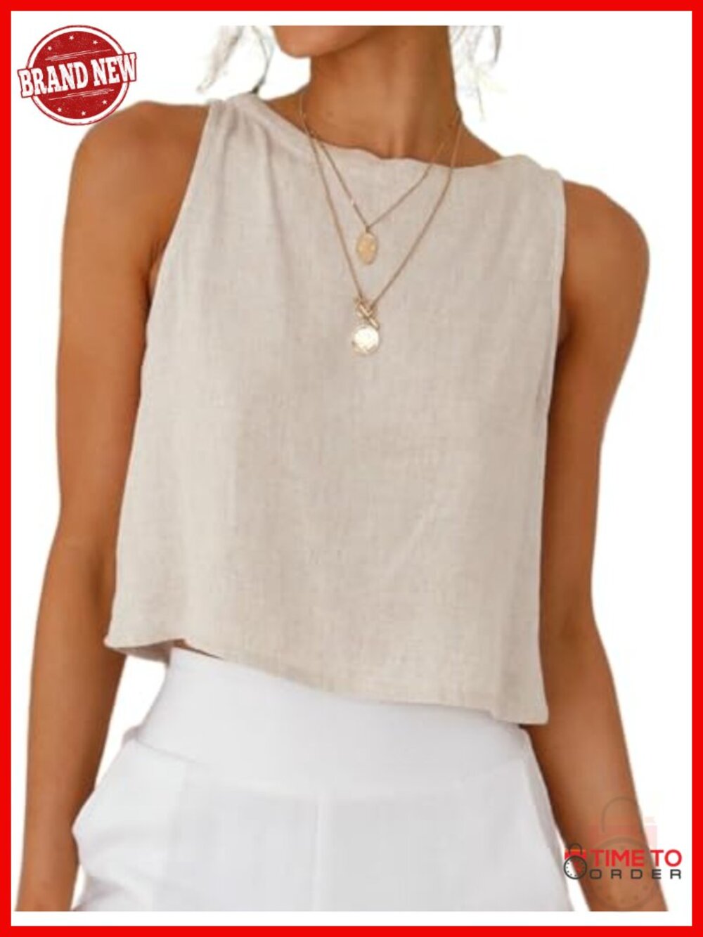 Linen Crop Tank Top Sleeveless High Neck Button Back